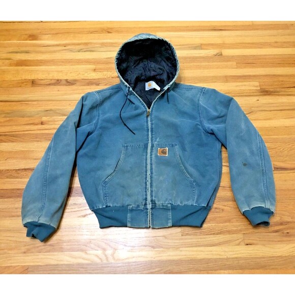 Vintage Carhartt Detriot Hooded Bomber Jacket Men's M Blue Canvas Quilted